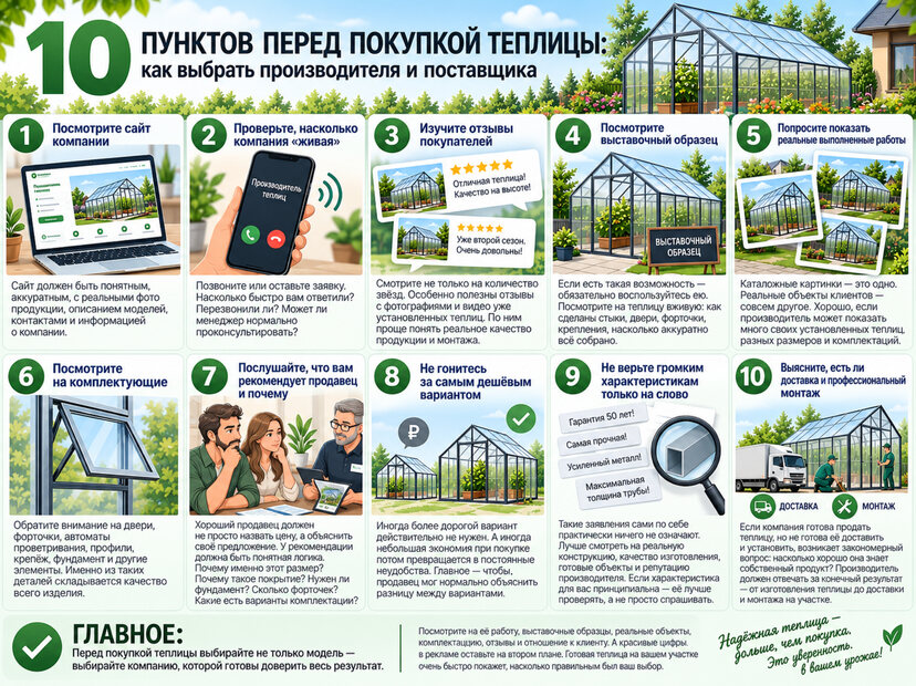 Инфографика с 10 пунктами проверки перед покупкой теплицы