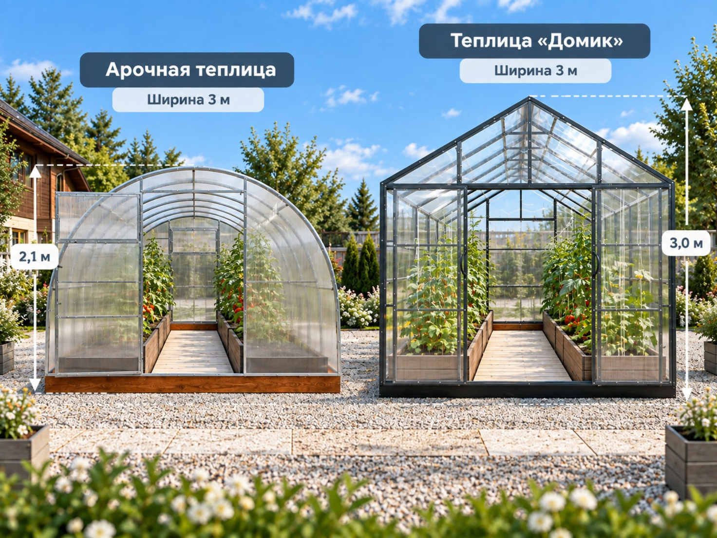 Сравнение арочной теплицы и теплицы домиком шириной 3 метра