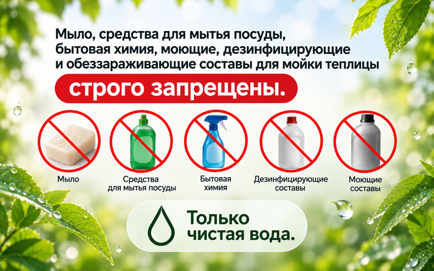 Инфографика о запрете бытовой химии и моющих средств для мойки теплицы