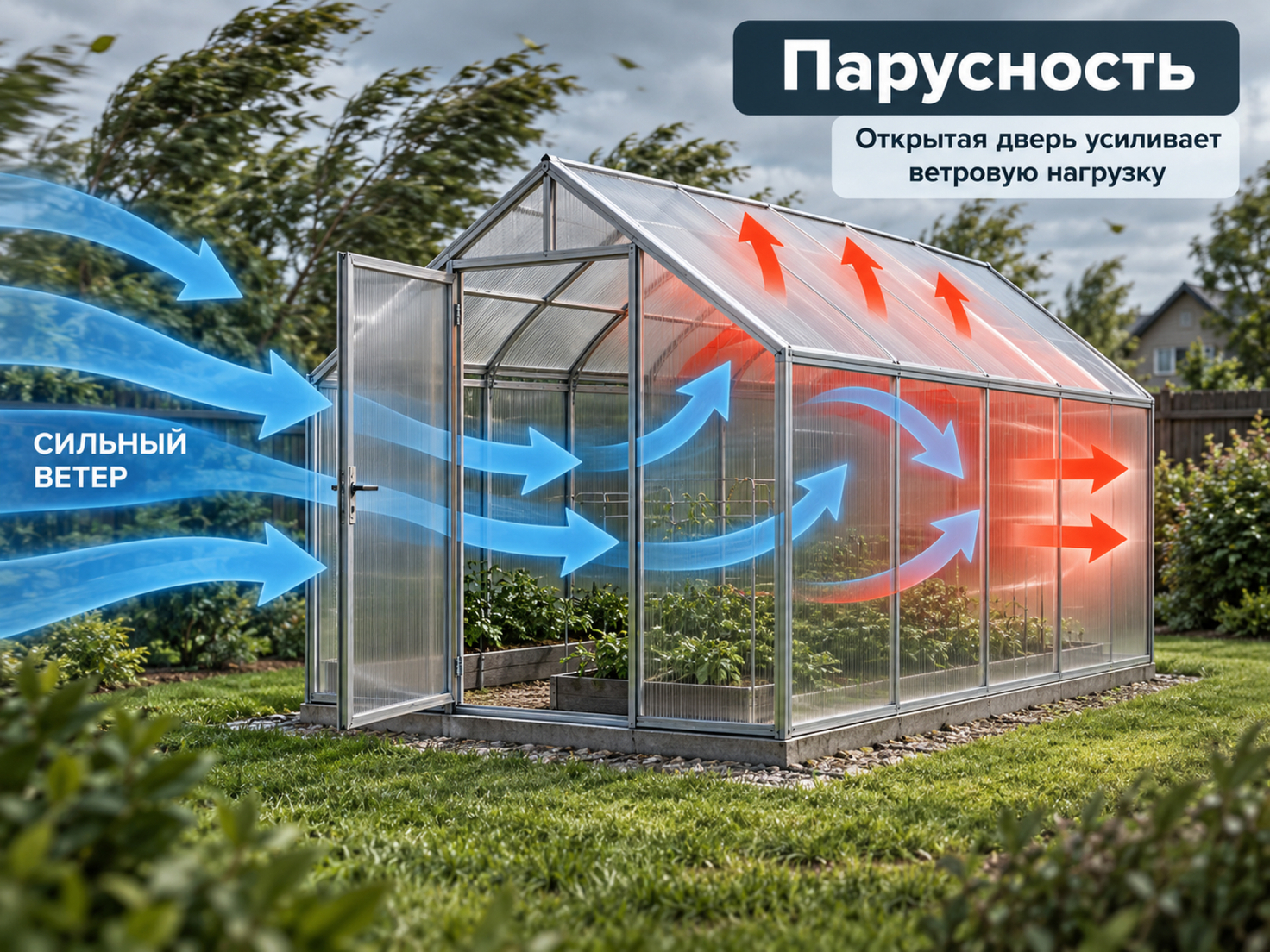 Открытая дверь теплицы усиливает ветровую нагрузку и эффект парусности