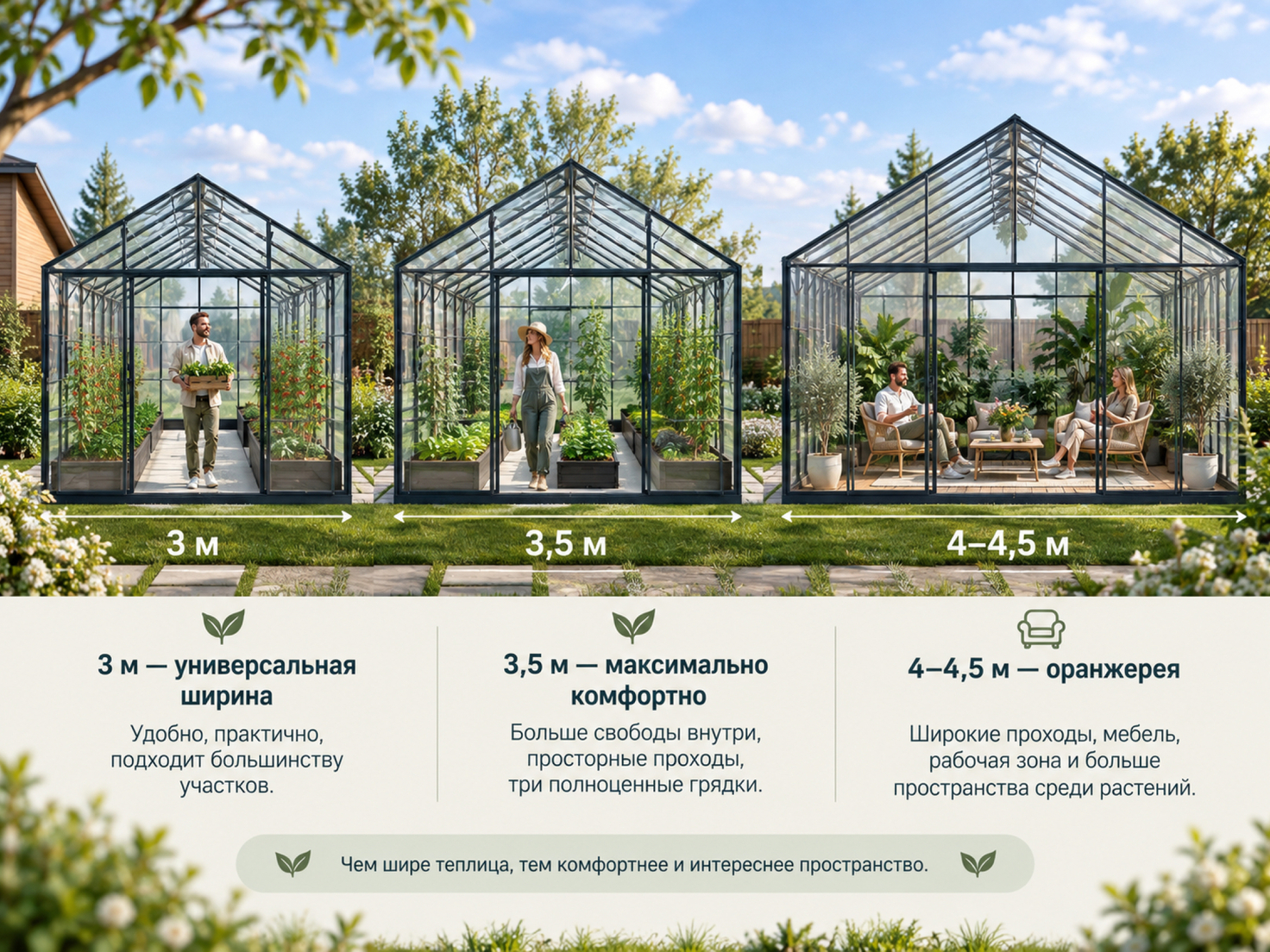 Сравнение теплиц шириной 3 метра, 3,5 метра и 4–4,5 метра