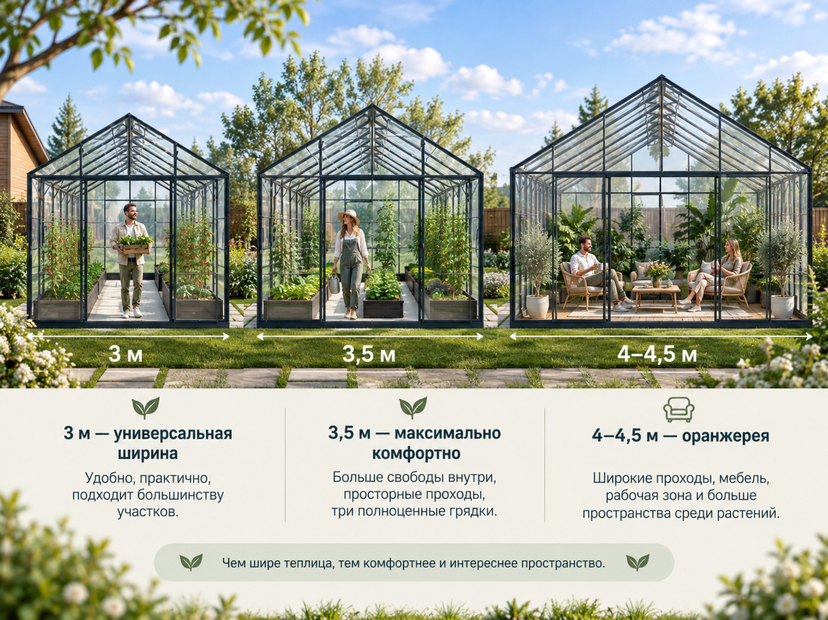 Сравнение теплиц шириной 3 метра, 3,5 метра и 4–4,5 метра