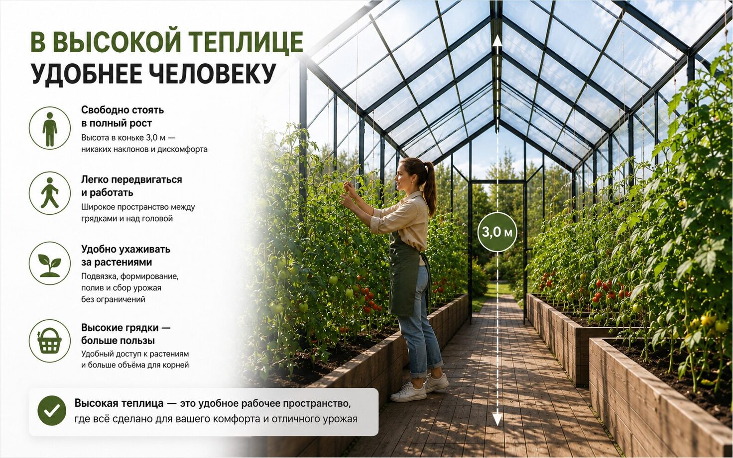 Инфографика о преимуществах высокой теплицы для человека и растений