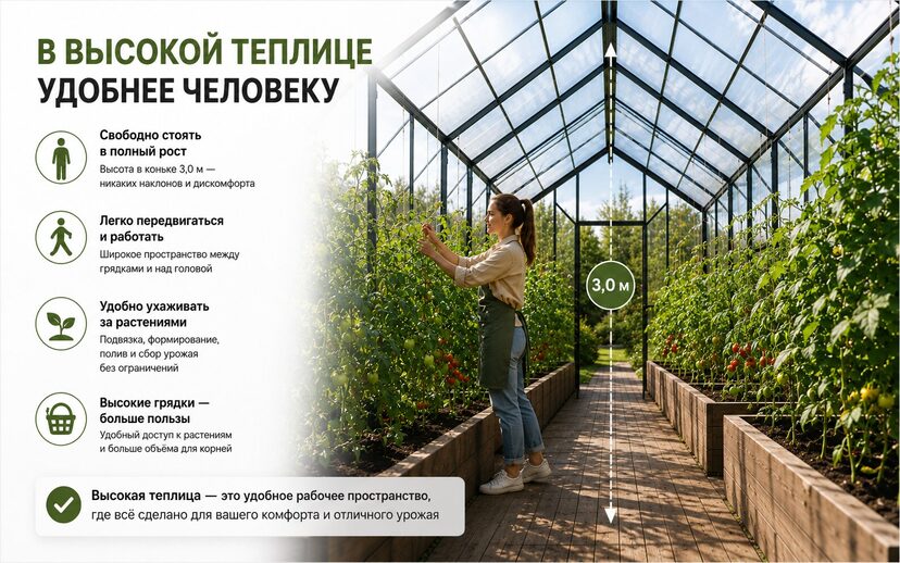 Инфографика о преимуществах высокой теплицы для человека и растений