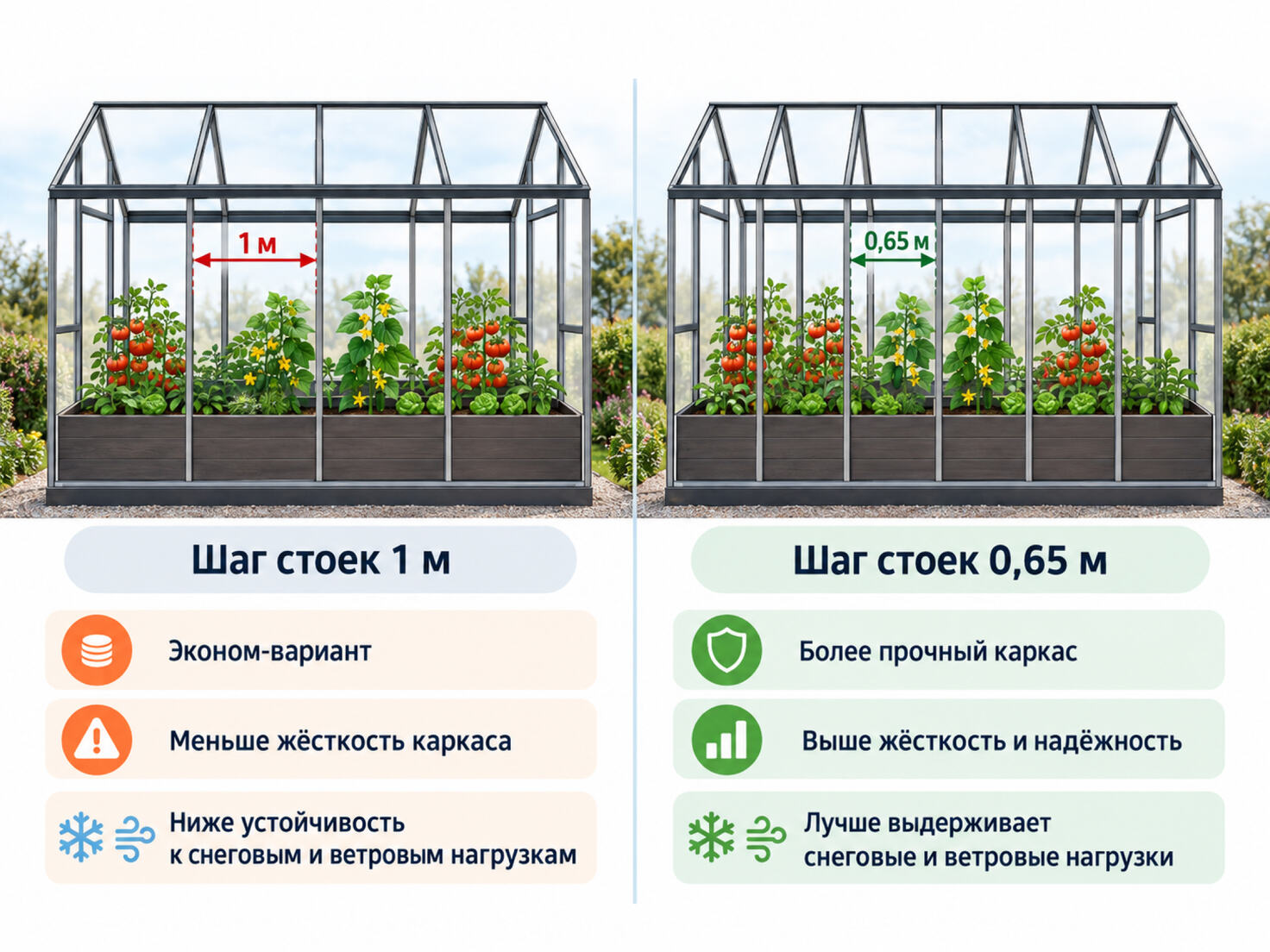 Сравнение шага стоек теплицы 1 метр и 0,65 метра