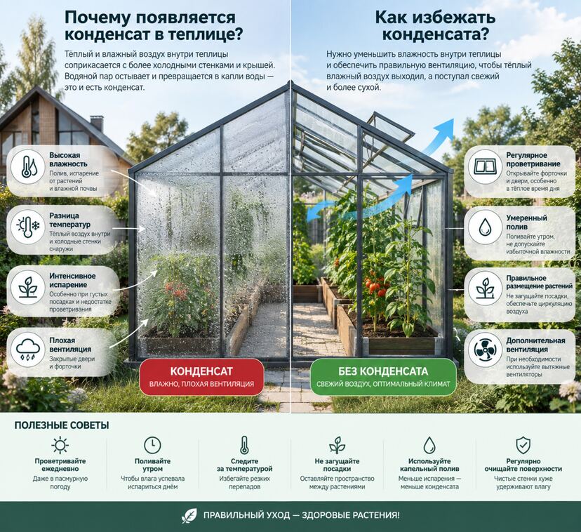 Инфографика о причинах появления конденсата в теплице и способах его уменьшения