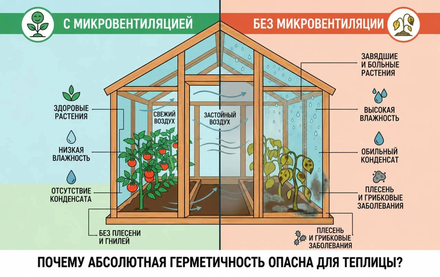 Сравнение теплицы с микровентиляцией и без микровентиляции