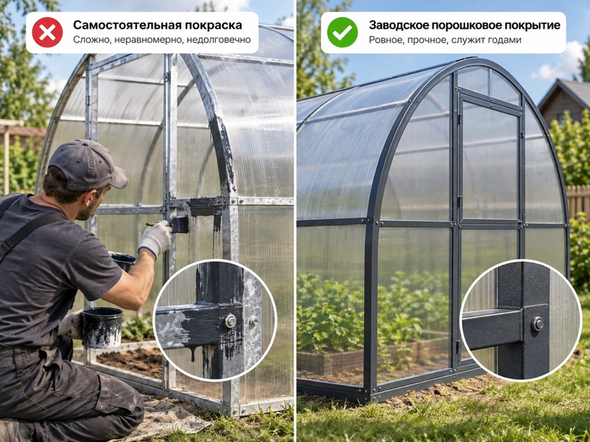 Сравнение самостоятельной покраски теплицы и заводского порошкового покрытия