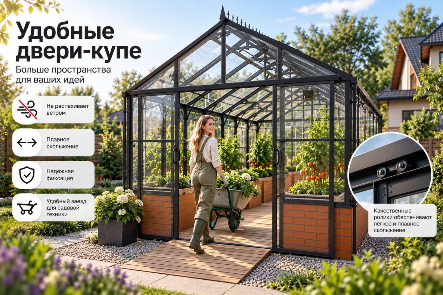 Инфографика о преимуществах дверей-купе для теплицы