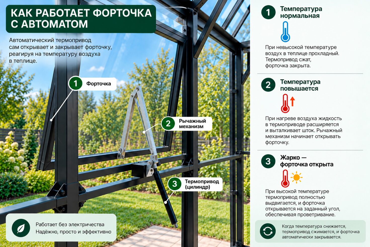 Инфографика о работе автоматической форточки с термоприводом в теплице